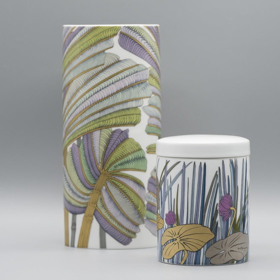 Image 1 of Alain Le Foll × Rosenthal Studio-Line Porcelain Vase Duo Gold Floral Tropical 