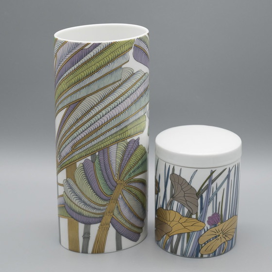 Image 1 of Alain Le Foll × Rosenthal Studio-Line Porcelain Vase Duo Gold Floral Tropical 