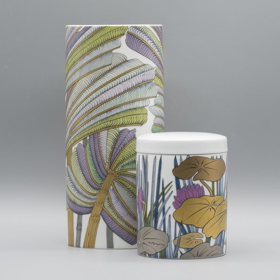 Image 1 of Alain Le Foll × Rosenthal Studio-Line Porcelain Vase Duo Gold Floral Tropical 