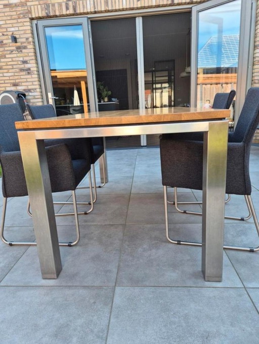 Rustic Oak Table With Brushed Stainless Steel Legs And 4 Anthracite Fabric