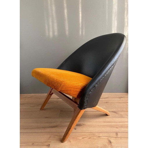 Vintage black leatherette and orange fabric armchair by Theo Ruth for Artifort, 1950