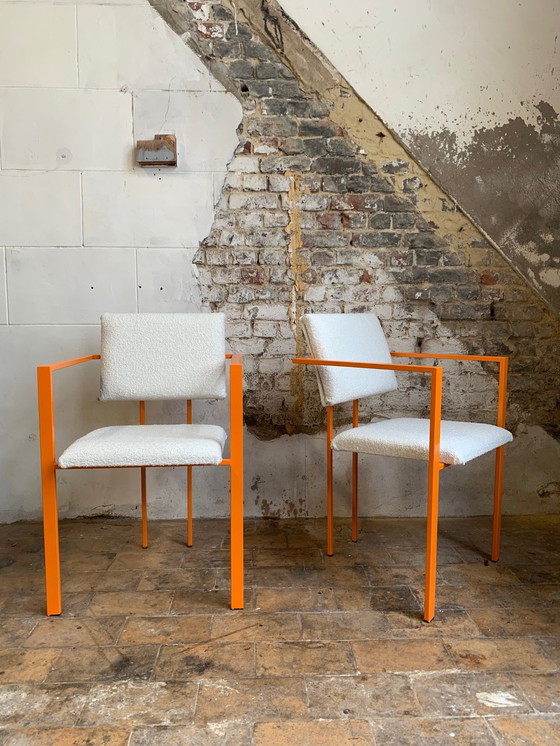 Image 1 of Pair Of Postmodern Orange Armchairs And Bouclé Wool Fabric