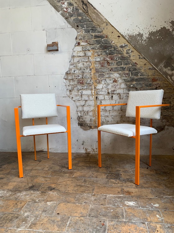 Image 1 of Pair Of Postmodern Orange Armchairs And Bouclé Wool Fabric