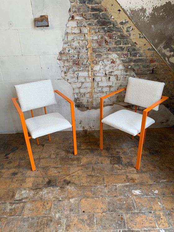 Image 1 of Pair Of Postmodern Orange Armchairs And Bouclé Wool Fabric