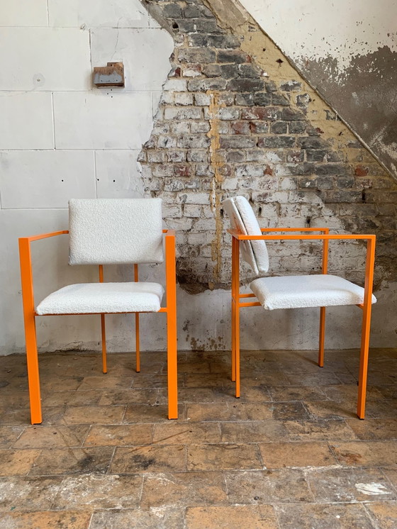 Image 1 of Pair Of Postmodern Orange Armchairs And Bouclé Wool Fabric