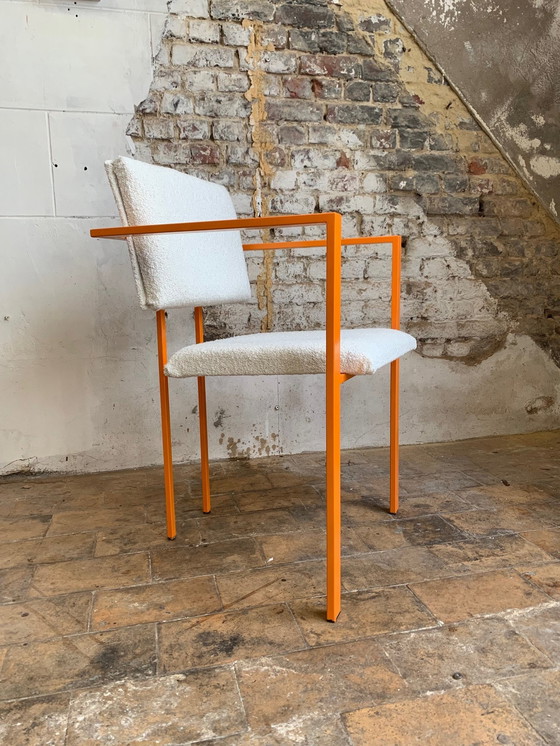 Image 1 of Pair Of Postmodern Orange Armchairs And Bouclé Wool Fabric