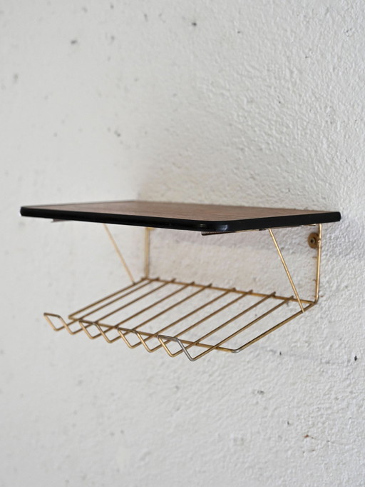 Vintage Scandinavian Wall-Mounted Nightstand With Teak Top And Gold Metal Frame