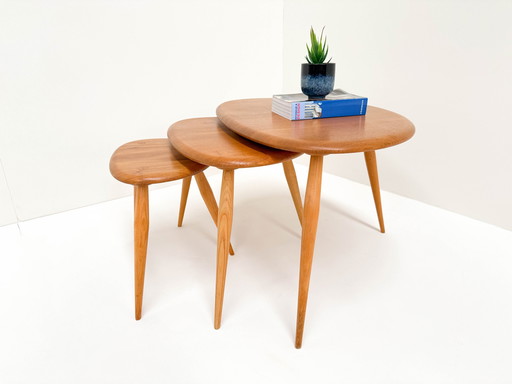 3X 1960S Lucian Ercolani For Ercol Model 354 Pebble Nesting Tables 