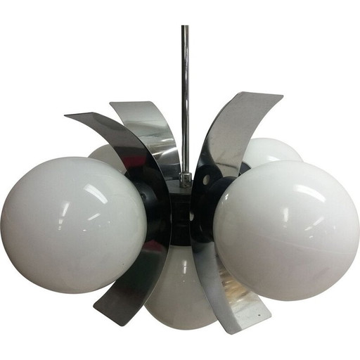 Vintage metal and milk glass chandelier, Czechoslovakia 1965