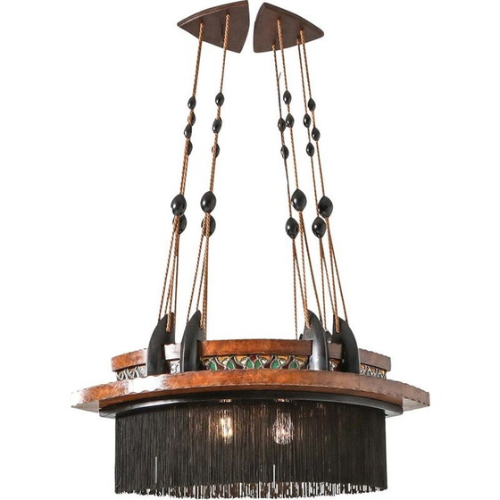 Image 1 of Lampadario vintage in legno e piombo in stile art déco, Paesi Bassi, 1920