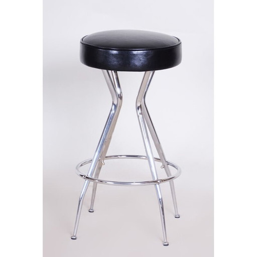 Vintage black leather bar stool, 1930s