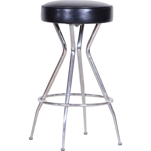 Vintage black leather bar stool, 1930s