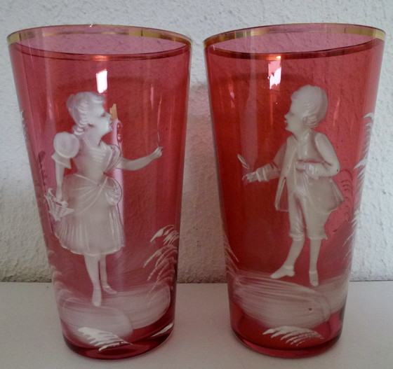 Image 1 of Antique Pair of Ruby Red Glass Mary Gregory Goblets (1856-1908).