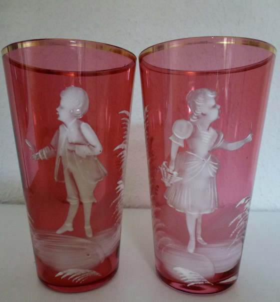 Image 1 of Antique Pair of Ruby Red Glass Mary Gregory Goblets (1856-1908).