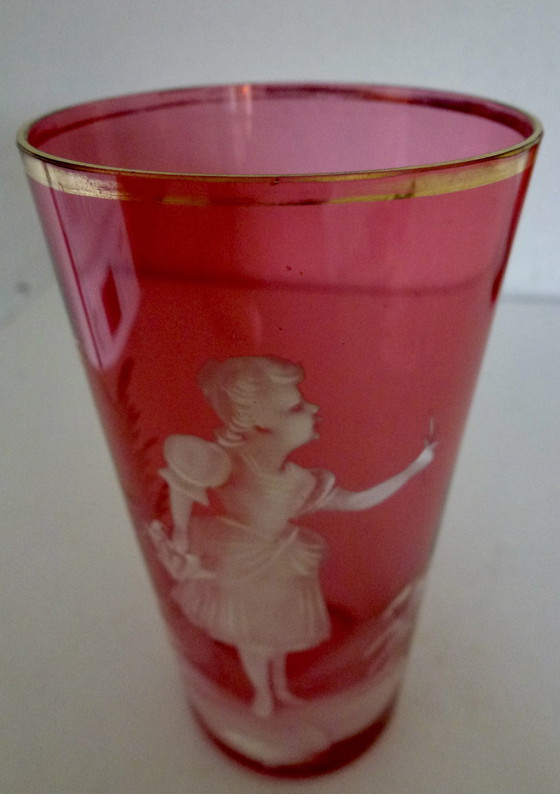 Image 1 of Antique Pair of Ruby Red Glass Mary Gregory Goblets (1856-1908).