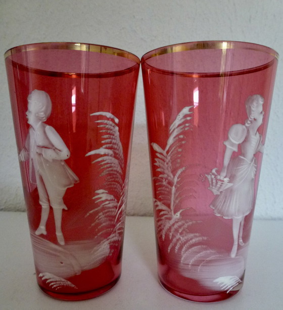 Image 1 of Antique Pair of Ruby Red Glass Mary Gregory Goblets (1856-1908).