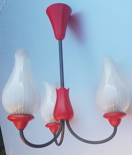 Tulip Ceiling Lamp In Red And White, 1950S