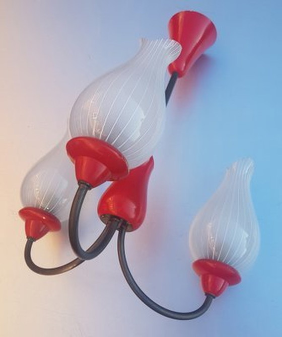 Image 1 of Tulip Ceiling Lamp In Red And White, 1950S