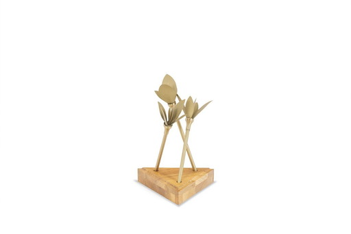 Matte Gold Brass Towel Holder With Wooden Base. Contemporary.