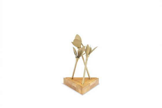 Image 1 of Matte Gold Brass Towel Holder With Wooden Base. Contemporary.