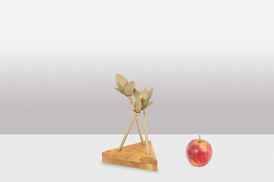 Image 1 of Matte Gold Brass Towel Holder With Wooden Base. Contemporary.