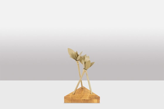 Image 1 of Matte Gold Brass Towel Holder With Wooden Base. Contemporary.