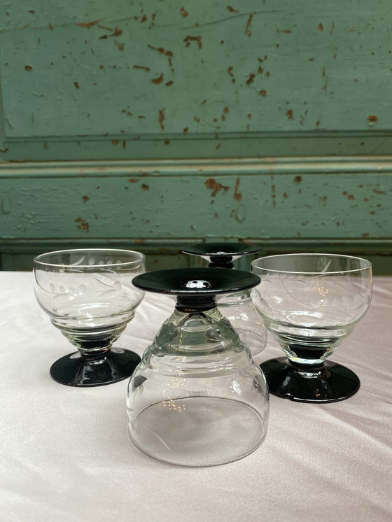 Image 1 of 4X Liqueur Glasses On Black Base With Engraved Ear of Corn