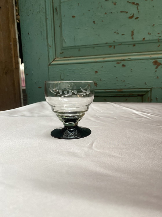 Image 1 of 4X Liqueur Glasses On Black Base With Engraved Ear of Corn