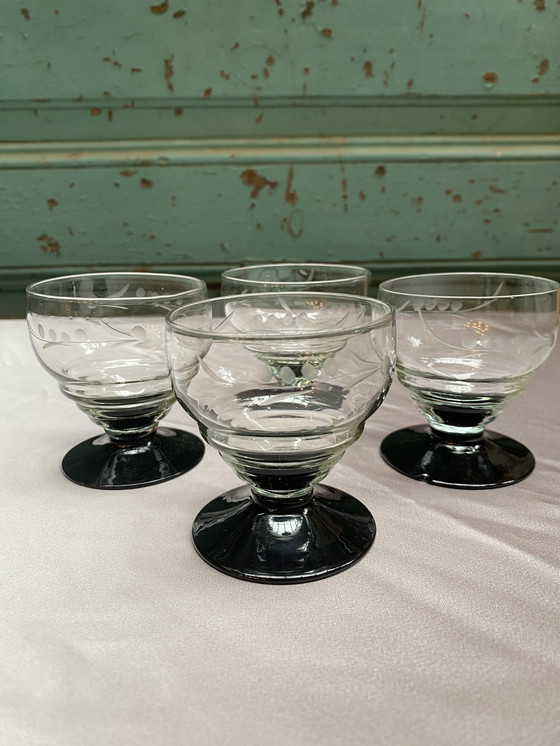 Image 1 of 4X Liqueur Glasses On Black Base With Engraved Ear of Corn