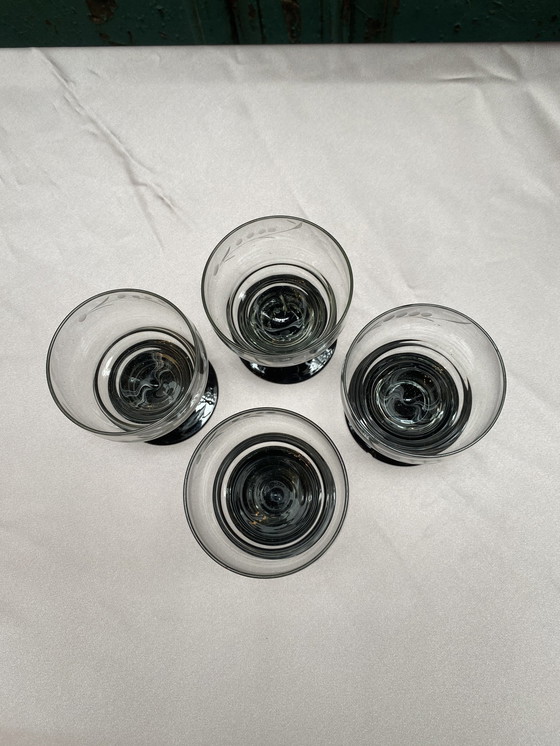 Image 1 of 4X Liqueur Glasses On Black Base With Engraved Ear of Corn