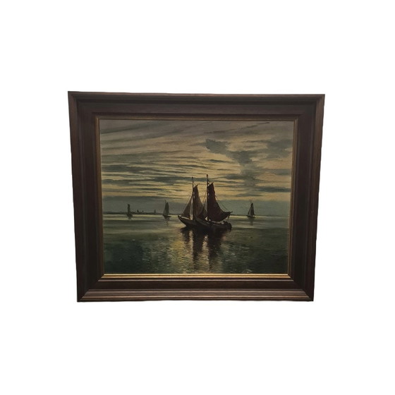 Image 1 of Fishing Boats At Sea Oil On Canvas, Circa 1970s.