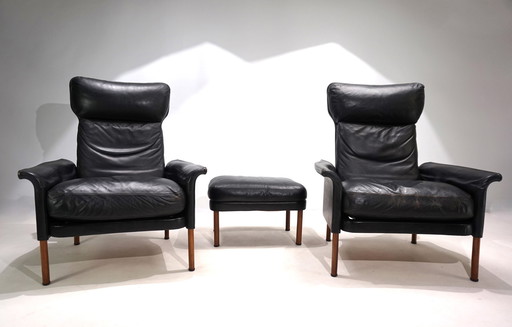 Hans Olsen set of 2 leather chairs with ottoman, 1960