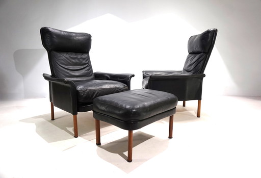 Hans Olsen, ensemble de 2 chaises en cuir avec ottoman, 1960