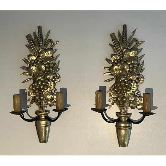 Image 1 of Pair of vintage bronze and wrought iron wall lights representing a fruit bowl, France 1970