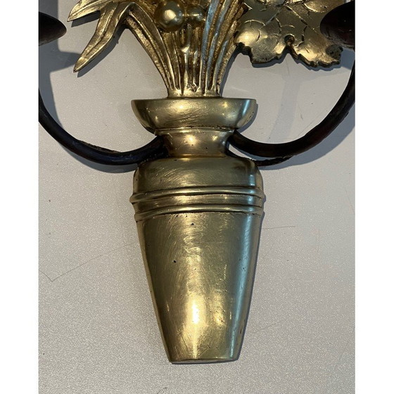 Image 1 of Pair of vintage bronze and wrought iron wall lights representing a fruit bowl, France 1970