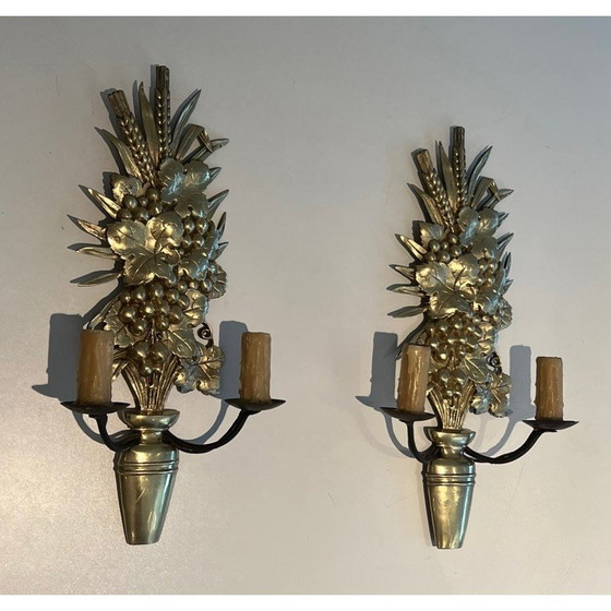 Image 1 of Pair of vintage bronze and wrought iron wall lights representing a fruit bowl, France 1970