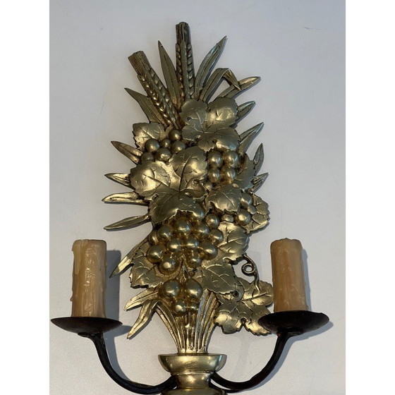 Image 1 of Pair of vintage bronze and wrought iron wall lights representing a fruit bowl, France 1970