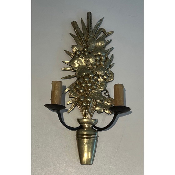 Image 1 of Pair of vintage bronze and wrought iron wall lights representing a fruit bowl, France 1970