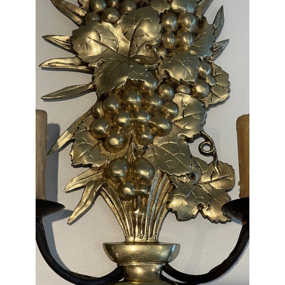 Image 1 of Pair of vintage bronze and wrought iron wall lights representing a fruit bowl, France 1970
