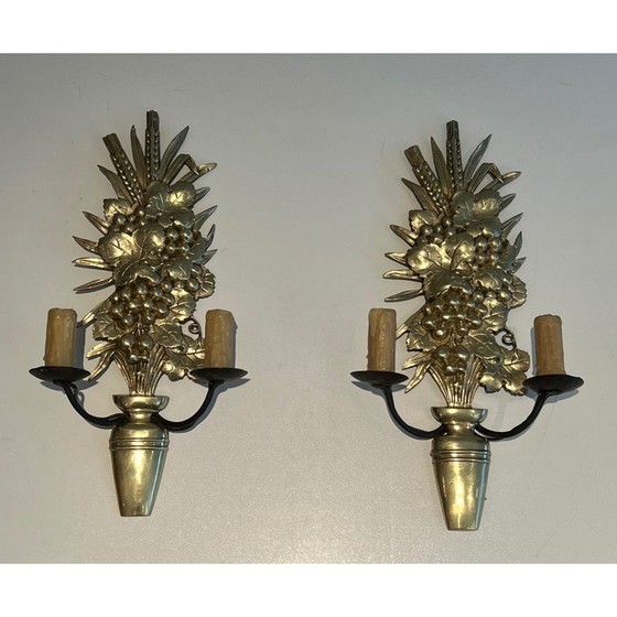 Image 1 of Pair of vintage bronze and wrought iron wall lights representing a fruit bowl, France 1970