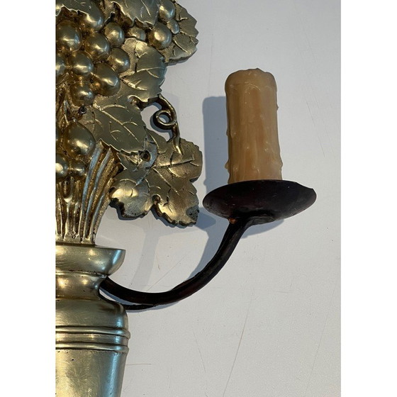 Image 1 of Pair of vintage bronze and wrought iron wall lights representing a fruit bowl, France 1970