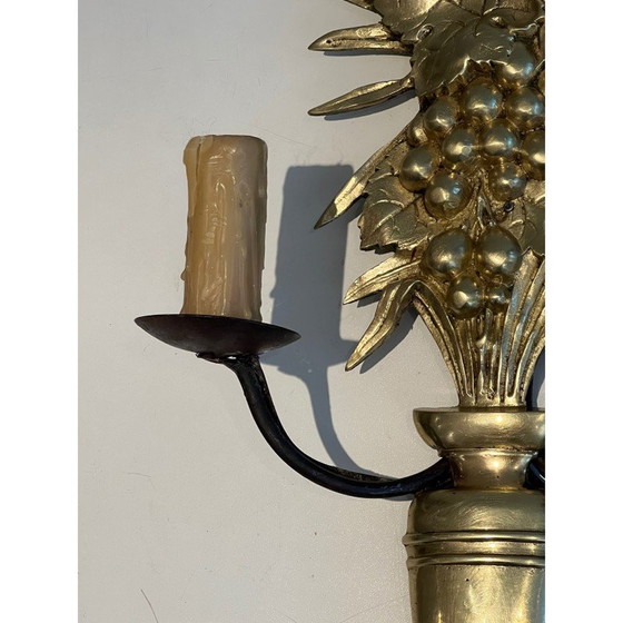 Image 1 of Pair of vintage bronze and wrought iron wall lights representing a fruit bowl, France 1970
