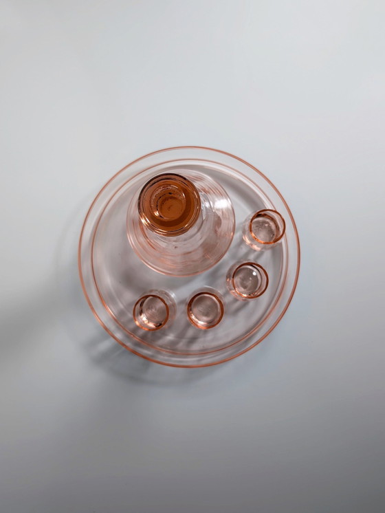 Image 1 of Art Deco Liqueur Set Schnapps Carafe Tray Glass Rosalin Pink 30s 20s Bauhaus