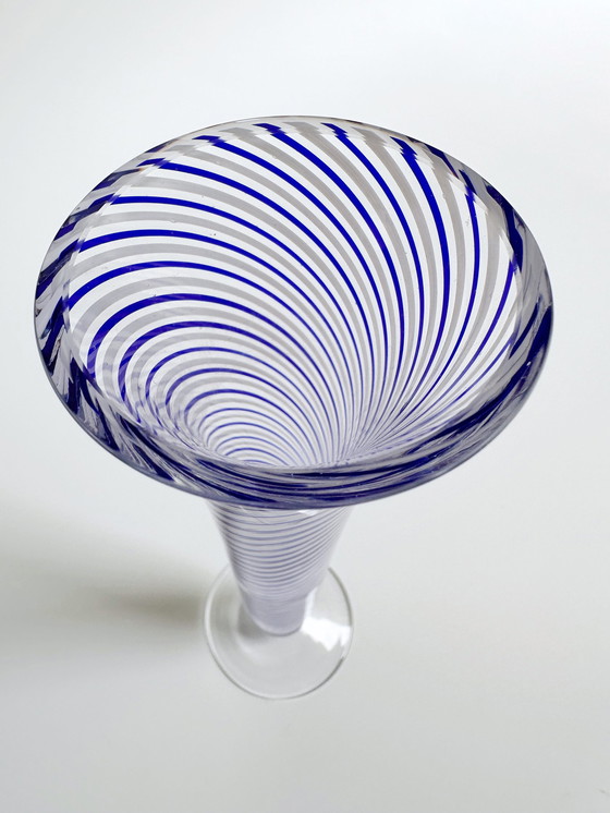 Image 1 of Vintage Solifleur Vase Thread Glass Pasabahce Mid - Century Turkey Cobalt Blue Swirl