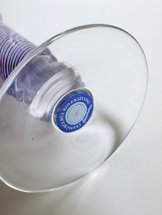 Image 1 of Vintage Solifleur Vase Thread Glass Pasabahce Mid - Century Turkey Cobalt Blue Swirl