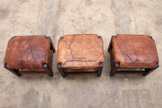 Image 1 of Brazilian Brutalist footstools with patchwork leather, 1960s