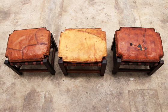 Image 1 of Brazilian Brutalist footstools with patchwork leather, 1960s