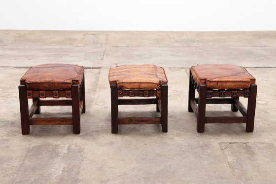 Image 1 of Brazilian Brutalist footstools with patchwork leather, 1960s