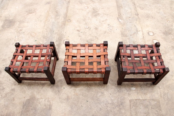 Image 1 of Brazilian Brutalist footstools with patchwork leather, 1960s