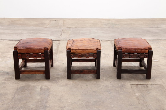 Image 1 of Brazilian Brutalist footstools with patchwork leather, 1960s